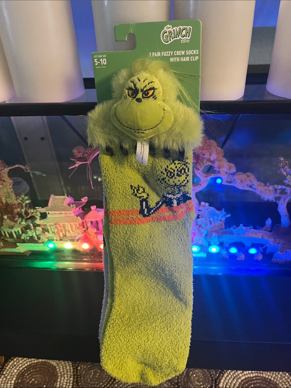 The Grinch Fuzzy Crew Socks with Plush Hair Clip - Lime Green